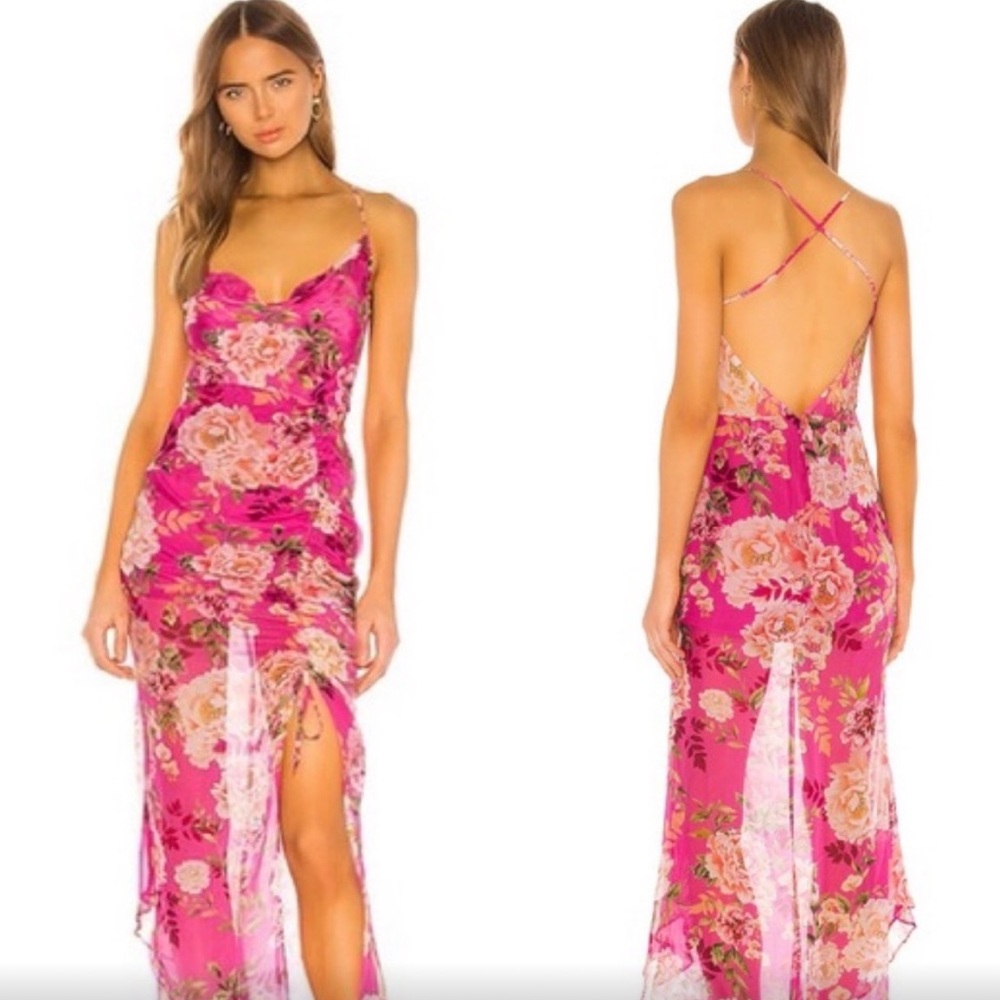 REVOLVE Sau Lee Fredia Freida Dress 14 Fuchsia Floral Maxi Low Strappy Back